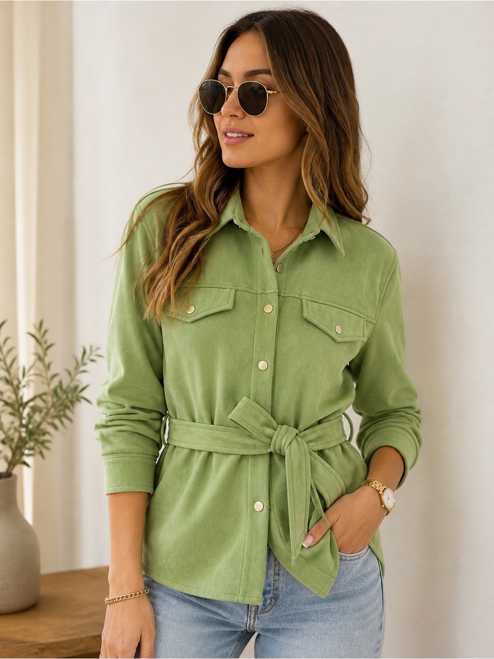 SUZY Green Belted Shacket Jacket • Lightweight Utility Style • Minimalist Chic